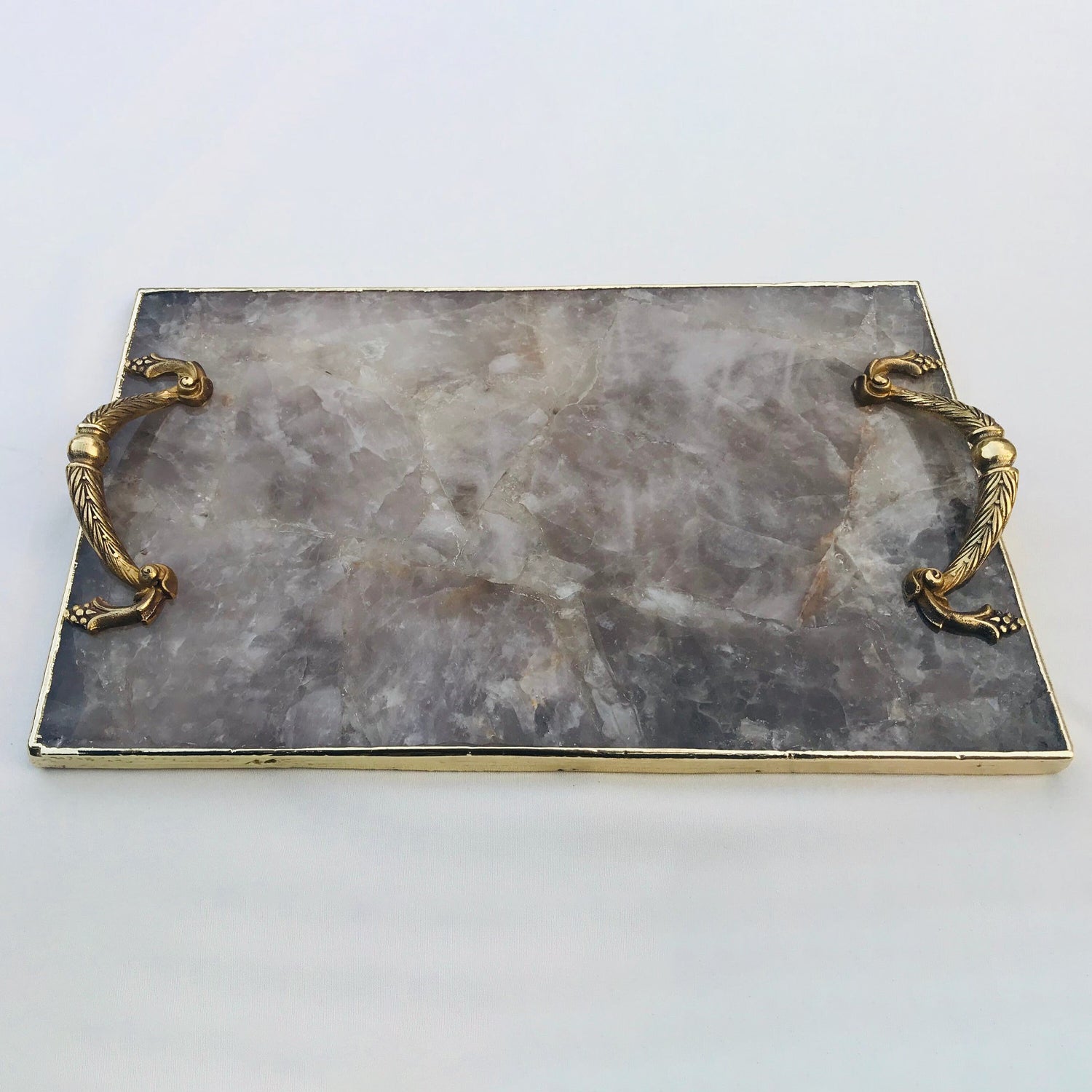 Smoky Quartz Agate  Serving Tray With Brass Handles