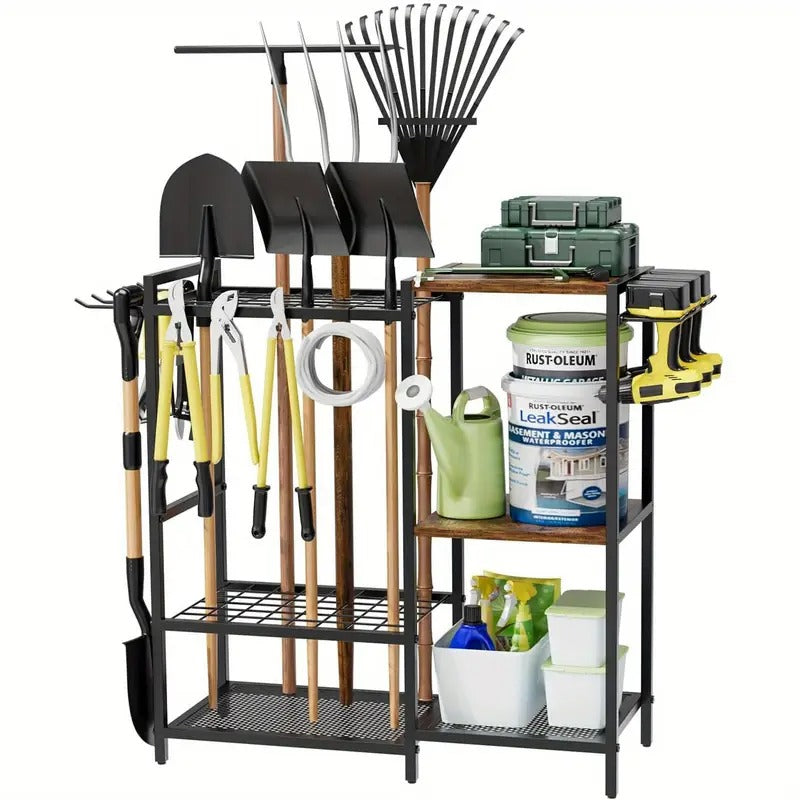 Garden Tool Rack with Wooden Shelves